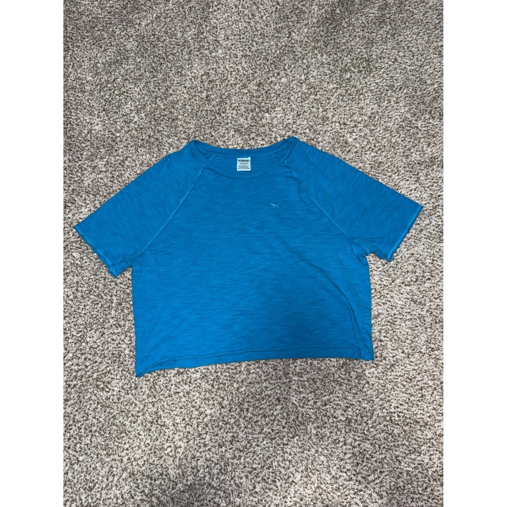 Victorias Secret PINK Blue Slub Knit Raglan Crop Top Tee Small